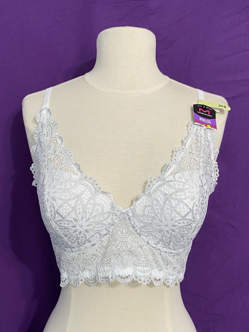 NWT Maidenform White Floral Lace Longline Bralette. 36B.